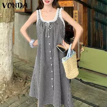 VONDA Женские летние кружевные платья без рукавов с U-образным вырезом в клетку S чёрный