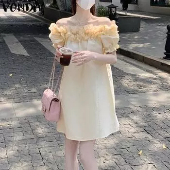 VONDA Женские летние кружевные платья с оборками и открытыми плечами с короткими рукавами S бежевый