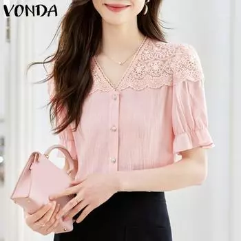 VONDA Женские летние кружевные платья с круглым вырезом и коротким рукавом S розовый