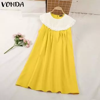 VONDA Женские летние кружевные платья с круглым вырезом без рукавов в стиле пэчворк 3XL жёлтый