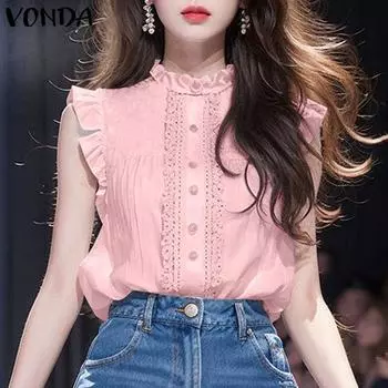 VONDA Женские летние кружевные рубашки без рукавов с круглым вырезом и оборками 4XL жёлтый