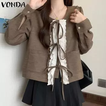 VONDA Женские летние кружевные рубашки с круглым вырезом и длинным рукавом S коричневый