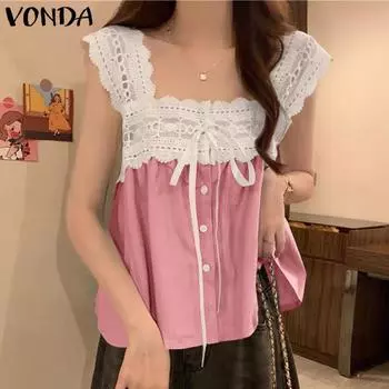 VONDA Женские летние кружевные жилеты без рукавов с квадратным вырезом S темно-синий