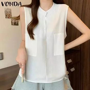 VONDA Женские летние майки без рукавов с круглым вырезом и карманами S белый
