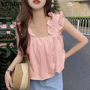 VONDA Женские летние майки без рукавов с квадратным вырезом и оборками S розовый
