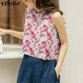VONDA Женские летние майки без рукавов с круглым вырезом и цветочным принтом 5XL розовый