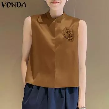 VONDA Женские летние майки с воротником-стойкой и цветочным принтом 2XL синий