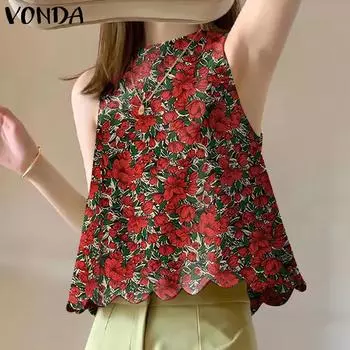 VONDA Женские летние майки с круглым вырезом и цветочным принтом 4XL красный