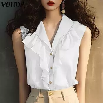 VONDA Женские летние майки с оборками и лацканами 3XL синий