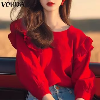 VONDA Женские летние однотонные блузки с круглым вырезом и длинным рукавом с оборками 2XL жёлтый
