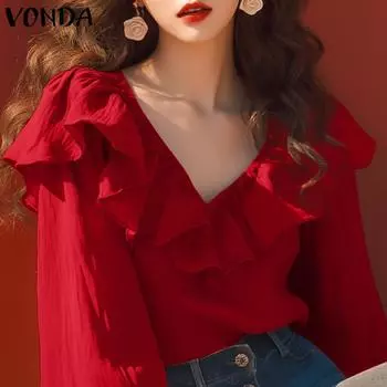 VONDA Женские летние однотонные блузки с оборками и V-образным вырезом, длинными рукавами S жёлтый