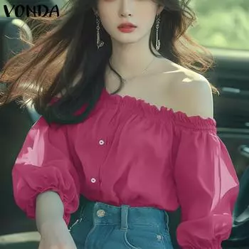 VONDA Женские летние однотонные блузки с открытыми плечами и коротким рукавом L зелёный