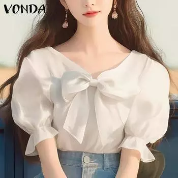 VONDA Женские летние однотонные блузки с V-образным вырезом и коротким рукавом 4XL белый