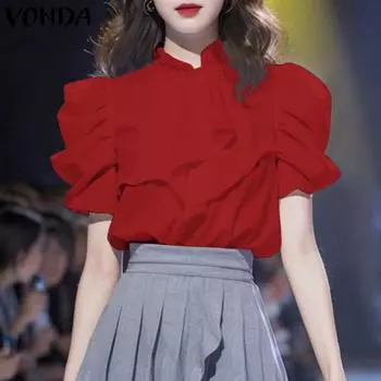 VONDA Женские летние однотонные блузки с воротником-стойкой и коротким рукавом с оборками 3XL белый