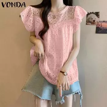 VONDA Женские летние однотонные кружевные блузки с круглым вырезом и коротким рукавом 5XL розовый