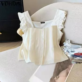 VONDA Женские летние однотонные майки с квадратным вырезом и оборками на рукавах 4XL белый