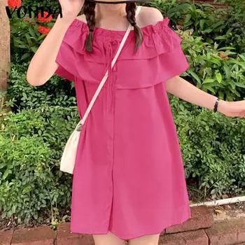 VONDA Женские летние однотонные платья А-силуэта с открытыми плечами и короткими рукавами с оборками S жёлтый