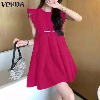 VONDA Женские летние однотонные платья без рукавов с круглым вырезом и оборками 3XL оранжевый