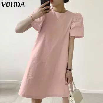 VONDA Женские летние однотонные платья с круглым вырезом и коротким рукавом 5XL розовый