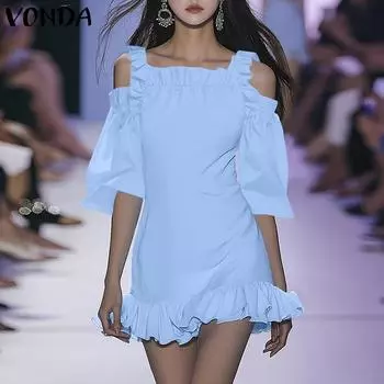 VONDA Женские летние однотонные платья с открытыми плечами и короткими рукавами M розовый