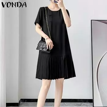 VONDA Женские летние однотонные плиссированные платья А-силуэта с круглым вырезом и коротким рукавом M