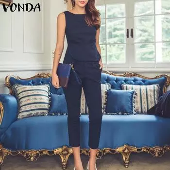 VONDA женские летние однотонные свободные брюки без рукавов с круглым вырезом 3XL оранжевый/красный