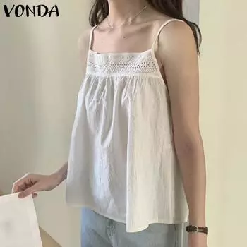 VONDA Женские летние однотонные свободные майки трапециевидной формы без рукавов с квадратным вырезом и кружевом