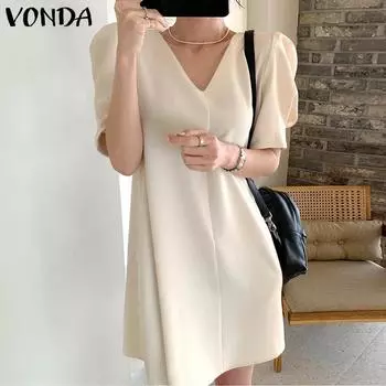 VONDA женские летние однотонные свободные платья с v-образным вырезом и короткими рукавами и подолом