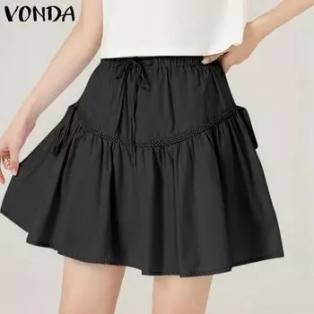 VONDA Женские летние однотонные юбки с эластичной талией и декоративными бретельками S розовый