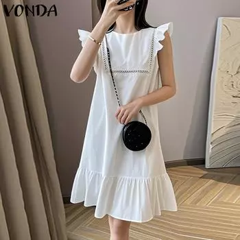 VONDA Женские летние платья без рукавов с круглым вырезом и оборками в складку M белый