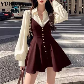 VONDA Женские летние платья-двойки с воротником-рубашкой и длинным рукавом темно-синий