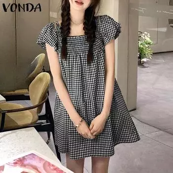 VONDA Женские летние платья-фонарики с квадратным вырезом и короткими рукавами в клетку S чёрный