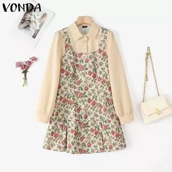VONDA Женские летние платья из двух частей с длинным рукавом и цветочным принтом S хаки