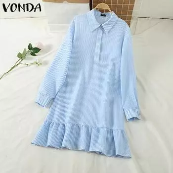 VONDA Женские летние платья-рубашки с воротником-лацканами и рукавами 3/4 в полоску с оборками по подолу S