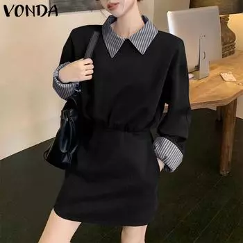 VONDA Женские летние платья-рубашки с длинным рукавом из двух частей в полоску S синий