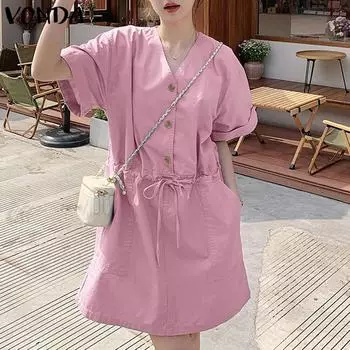 VONDA Женские летние платья-рубашки с V-образным вырезом и коротким рукавом M синий