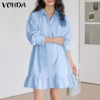 VONDA Женские летние платья-рубашки с воротником-лацканами и рукавами 3/4 в полоску с оборками по подолу S синий