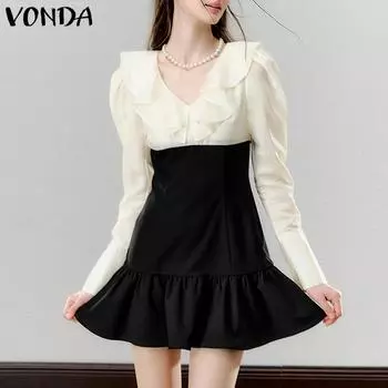 VONDA Женские летние платья с длинным рукавом и оборками-лацканами контрастного цвета S розовый