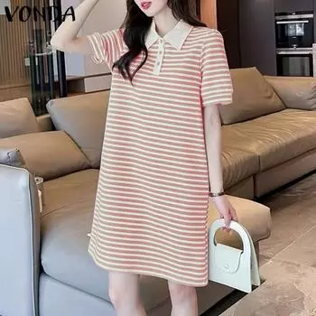 VONDA Женские летние платья с коротким рукавом и воротником-поло в полоску S светло-розовый