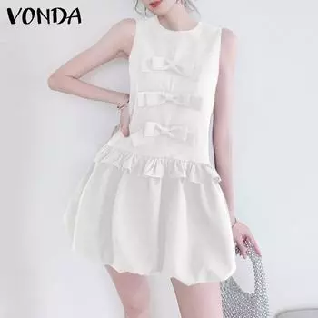 VONDA Женские летние платья с круглым вырезом без рукавов и декором на бретелях 4XL белый