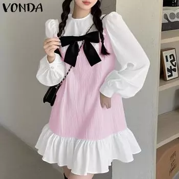 VONDA Женские летние платья с круглым вырезом и длинным рукавом-пузырем контрастного цвета S жёлтый