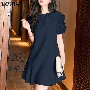 VONDA Женские летние платья с круглым вырезом и короткими рукавами-фонариками S жёлтый