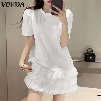 VONDA Женские летние платья с круглым вырезом и коротким рукавом с цветочным принтом S чёрный