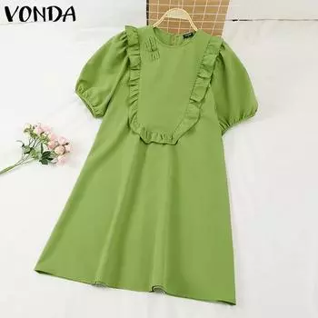 VONDA Женские летние платья с круглым вырезом, оборками и короткими рукавами в стиле пэчворк 3XL зелёный