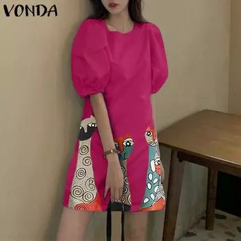 VONDA Женские летние платья с круглым вырезом и коротким рукавом с принтом S жёлтый