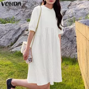 VONDA Женские летние платья с круглым вырезом и завязкой в клетку с коротким рукавом S белый