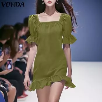 VONDA Женские летние платья с квадратным вырезом и короткими рукавами, оборками и подолом 4XL розовый