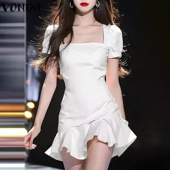 VONDA Женские летние платья с квадратным вырезом и короткими рукавами, однотонные платья 2XL белый