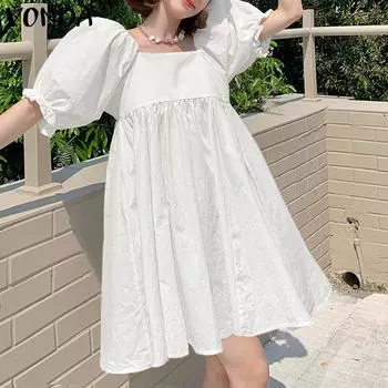 VONDA Женские летние платья с квадратным вырезом и короткими рукавами, однотонные платья S белый