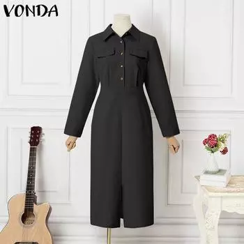 VONDA Женские летние платья с лацканами и длинными рукавами, карманами и прямыми разрезами 3XL коричневый